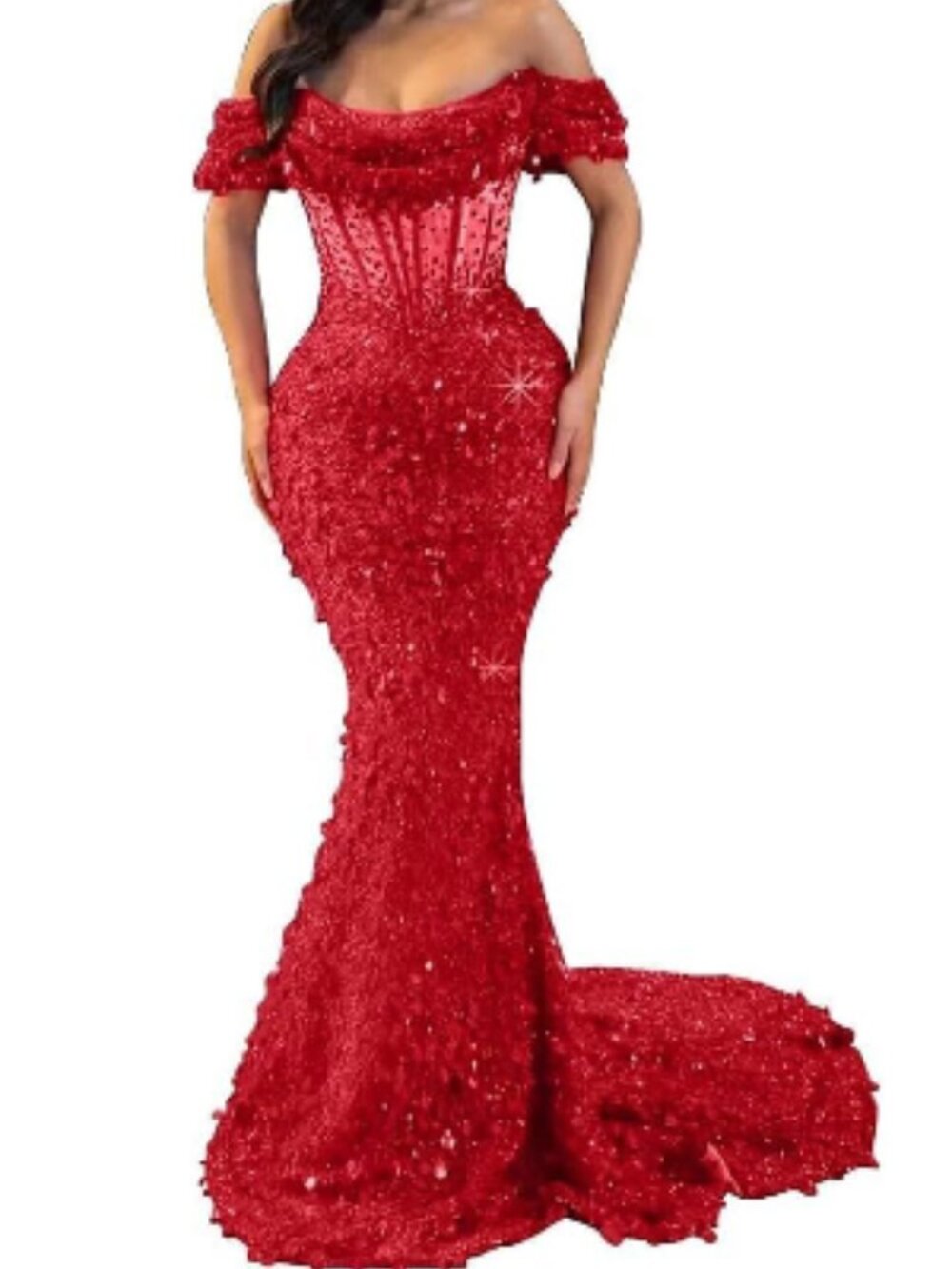 Off Shoulder Sparkly Sequin Mermaid Red Dress - Size: 6